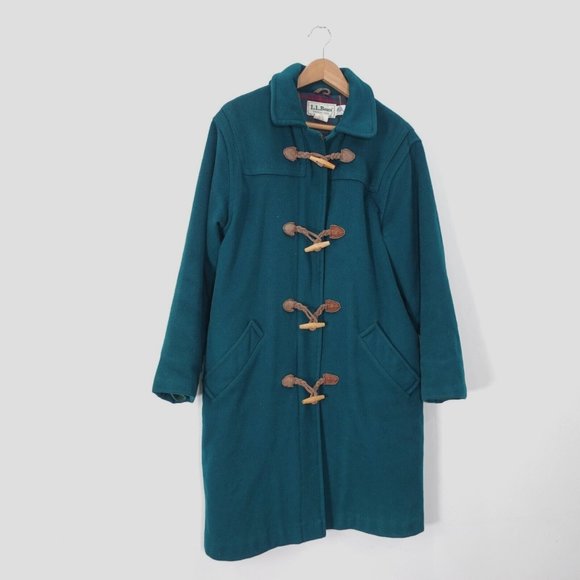 VINTAGE LL Bean Coat Women 12 Wool Green Toggle Plaid Lining Jacket LARGE USA - Picture 1 of 14